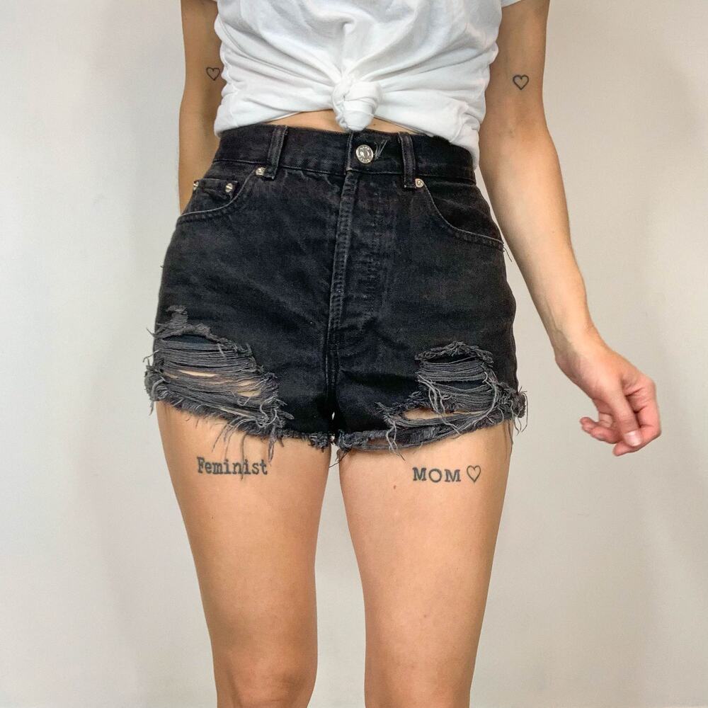 ASOS distressed denim shorts high rise black 100% cotton grunge biker 2981